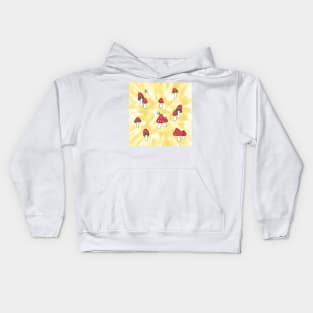Aesthetic Red Hatted Mushrooms and Butterflies on a Yellow Pastel Tie Dye Background Kids Hoodie